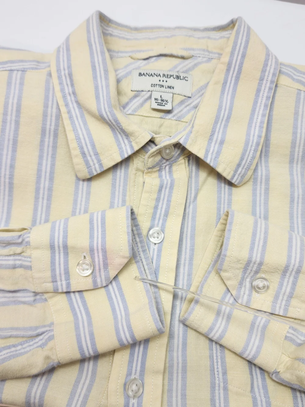 Banana Republic Linen Blend Shirt Men L Button Up Striped Resort Office Seesleev